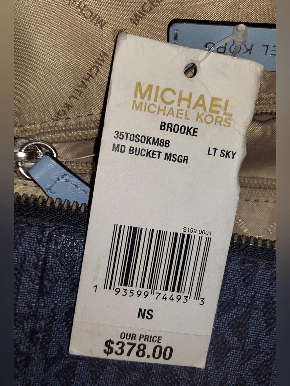 Michael Kors Navy Monogram Bucket Hobo with Light Blue Strap
